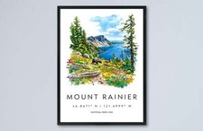 Listing image for Mount Rainier Watercolor Poster Mount Rainier Travel Print Washington Wall Art