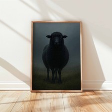 Listing image for Black Sheep In Mist Art Print Moody Foggy Field Animal Portrait Modern Rustic