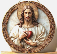 Listing image for Jesus Sacred Heart Wood Wall Sign Christian Religious Hanging Home Church Decor