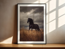 Listing image for Majestic Black Horse Art Print Golden Grass Landscape Elegant Equine Wall Decor